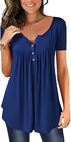 Ranphee Maglietta Blu Donna Eleganti Cotone Manica Corta Abbigliamento Estivo 2025 Tshirt Comodi e Larghi Tunika Plissettata
