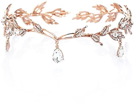 Blatt Hochzeit Tiara Krone, Strass Kristall Braut Tiara Haar Pin Tiaras Stirnband, Strass Kopfband der Frau Blumen und Blätter Krone Haarband für Braut Brautjungfern (Roségold)
