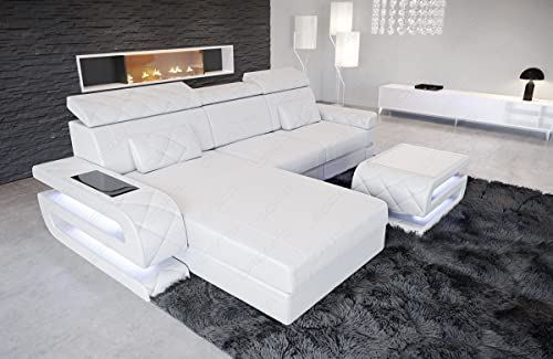 Sofa Bologna als Ecksofa in der L-Form Ledersofa mit USB-Anschluss Stauraum Beleuchtung Kopfstützen Designersofa Couch (Ottomane Links (auf Sofa blickend), White)