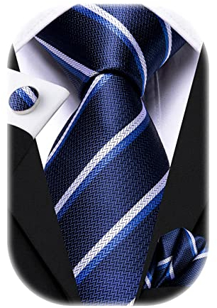 Hi-Tie Mens Tie Set Silk Blue Striped Necktie Woven Paisley Ties with Pocket Square Cufflinks Set for Wedding Party
