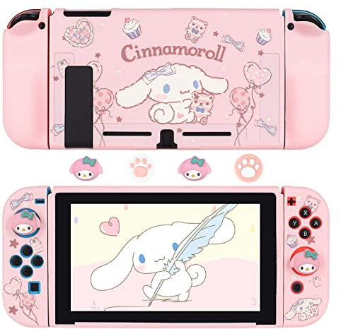 DLseego Schutzhülle Kompatibel mit Nintendo Switch, Andockbare TPU-Abdeckung mit 4 Niedlichen Daumengriffkappen, Zubehör für Kratzfestes und Stoßdämpfendes Design für Switch 2017– Rosa
