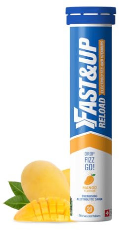 Fast&Up Reload – Mango Flavour – 20 Effervescent Tablets – Instant Electrolytes for Rapid Hydration & Energy - Added Vitamin C & B12 for Performance, Wellbeing, Travel & Recovery –Vegan