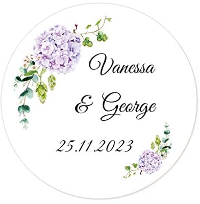 50 PERSONALISIERT Hochzeit Aufkleber mit Namen und Datum, Blumen 40mm Gastgeschenke Aufkleber für Hochzeit, Verlobung,Taufe, Geburtstag, Kommunion, Party, Weihnachten - Rd 034 (007)