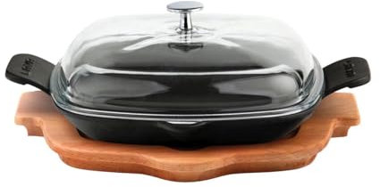 Lava Bratpfanne mit Glasdeckel mit Holzuntersetzer 26x26 cm mit flachem Boden