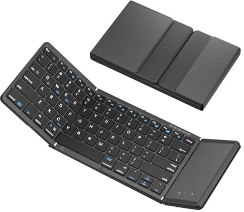 JPHTEK Folding Bluetooth Keyboard with Touchpad, Rechargeable Portable Travel Keyboard bluetooth Sync Up to 3 Devices, for Windows iOS Android Tablet Laptop, Black (Big Touchpad BT5.1 x 3)