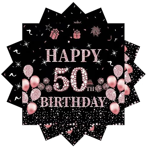 Servietten 50 Geburtstag,20Stück Papierserviette Geburtstag,33 x 33 cm Geburtstagsservietten,Schwarz Rosé Gold Tischdekoration für Party Geburtstag,Happy 50th Birthday Paper Napkins für 50. Geburtstag