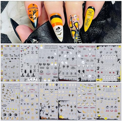 Kalolary 12 Sheets Halloween Self-Adhesive Nail Stickers - 3D Nail Art Mummy Skeleton Ghost Tombstone Pattern Design Decoration Accessories (B)