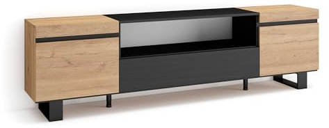 Skraut Home | Mueble TV | Televisión | Muebles de salón, almacenaje | 200x57x35cm | para TV hasta 80 | Diseño Industrial | Estilo Moderno | Roble y Negro
