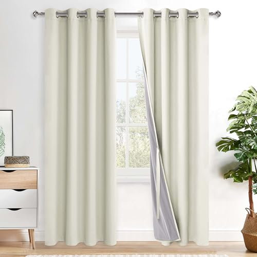 XWZO 100% Blickdicht Vorhänge, Doppellagige Dicker Verdunklungsvorhänge mit Ösen, Schallschutz Thermovorhänge 2er Set Schlafzimmer Gardinen, Blackout Curtain, 260x140 cm(HöhexBreite), Hellbeige