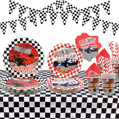 Obussgar Race Car Geburtstagsparty Dekorationen - Racing Car Party Zubehör einschließlich Teller, Tassen, Servietten, Tischdecke, Checkered Flag für Auto Party Dekorationen - für 20 Gäste (A)