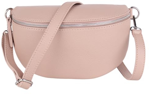 MIRROSI® Bauchtasche Damen, Made in Italy, Echtleder Umhängetasche Echtes Leder, Brusttasche, Crossbody Bag aus Echtem Leder, in 3 Größen erhältlich (Rosa Silberner Reißverschluss) (Gr.L)