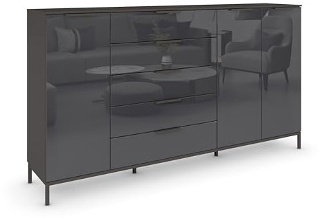Rauch Möbel Flipp, Kommode mit Stauraum für Wohnzimmer, Schlafzimmer, 4 Böden, mit Metallkufe Graphit, Graphit-Glasfront Basalt, Schwarz, 3-türig, Glastüren, 5 Schubladen, Griffe Graphit, 199x111x42cm