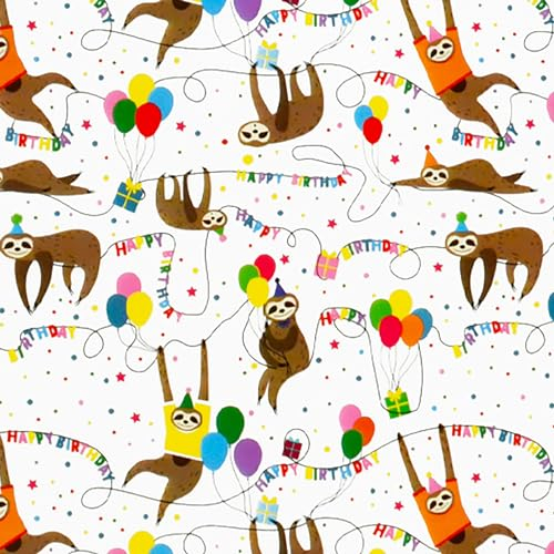 Geschenkpapier für Geburtstag mit Tier Motiv 70cm x 2m Rolle (Bunt mit Faultier Motiv)