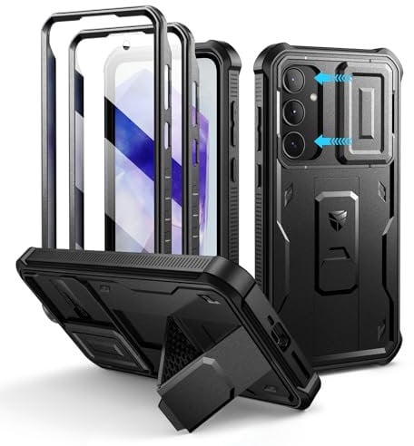 Dexnor per Cover Samsung Galaxy A35 5G con Copertura integrata della fotocamera scorrevole & Protezione dello schermo & Kickstand, Custodia resistente agli urti Copertura protettiva - Nero