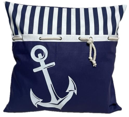 1x Maritime Kissenhülle, Kissenbezug, * Anker weiß * Kissen/blau/weiß gestreift. (40x40cm)