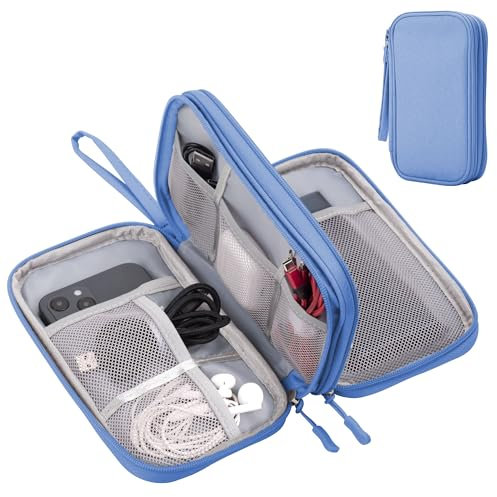 Arae Étanche Sac de Câble de Voyage Grande Capacité Antichoc, Organisateur Portable Double Couche pour Accessoires Électroniques, Compact pour Tech Gadgets, M, Bleu Ciel