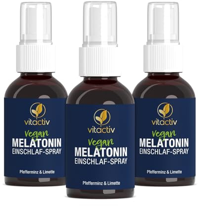 VITACTIV Melatonin Einschlafspray - Pfefferminze & Limette - 1155 Tage Vorrat, Hochdosiert - Melatonin Spray plus Passionsblumen Extrakt, Vitamine B1 und B6 - Zuckerfrei & Vegan - 150ml Sofort-Spray