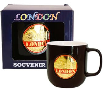 Stylish London Ceramic Tea Cup/Coffee Mug with Black and Gold Metal Plate Design Home Kitchen Office, Decorative Gift Box - UK England British London Souvenir