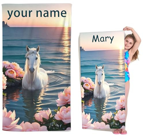 Goplnma Personalisiert Pferd Strandtuch mit Namen, Personalisierte Mikrofaser Strandtuch Groß 70x140cm Badetuch Pferd Motiv Strandtücher Pferd für Strand (90 x 180 cm,1)