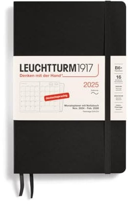 LEUCHTTURM1917 370607 Monatsplaner & Notizbuch Paperback (B6+) 2025, 16 Monate, Softcover, Schwarz, Deutsch