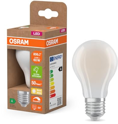 Osram Energy Class nella classica forma a lampadina, 3,8 W / 806 lm, EEK A, luce bianca calda (2700 K), CRI 80, in vetro satinato senza piombo, attacco E27, IP20, diametro 60 mm, dimmerabile.