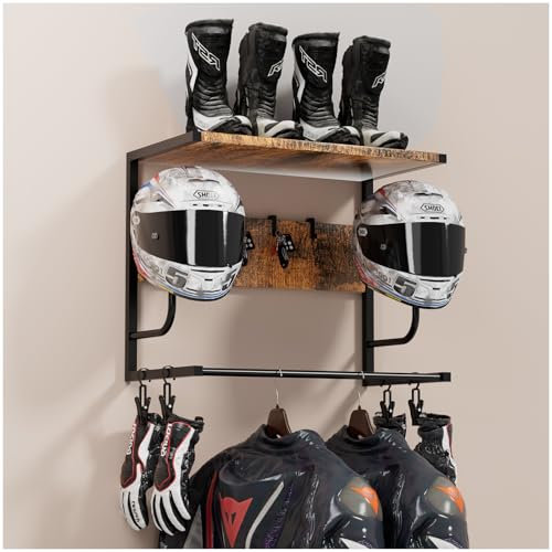 Motorcycle Helmet Holder Wall Mounted, Helmet Rack Wall Mount with Helmet Rack, 4 Glove Chips and 4 hooks, Rustic Helmets Holder and Motorcycle Helmets Racks for Most of Helmet and Clothes