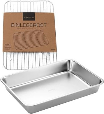 SANTOS Edelstahl Grillschale mit Einlagegitter - Auffangschale 41,5x29,5x6cm - Robuste Grillpfanne - Perfekt für Gemüse, Fisch & mehr - pflegeleicht