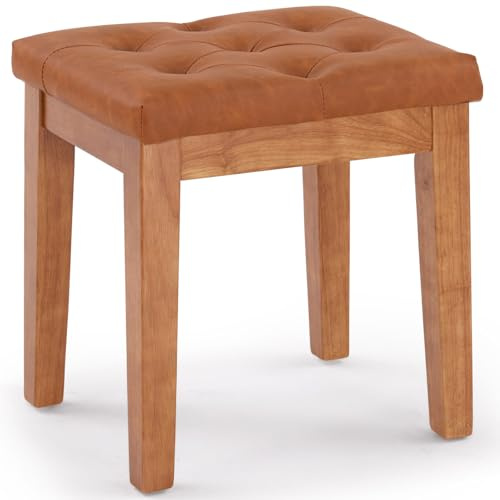 MILCIL Polsterhocker Schminktisch Hocker Sitzhocker, Gepolstert und Getuftet, Massivholz, für Eingangsbereich, Flur, Wohnzimmer, Kunstleder, Cognacbraun, 42 x 32 x 44 cm