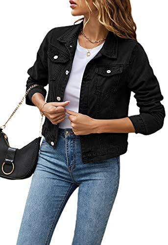 Fiacafyo Women's Denim Jackets Solid Color Button Down Coat Jacket Vintage Casual Long Sleeve Denim Jacket With Pockets (A-Black, XL)