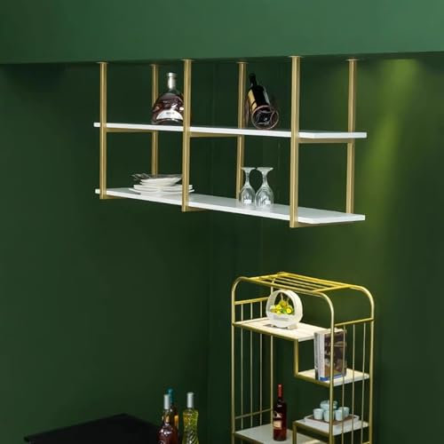 Porte-verres à vin doré à suspendre en bois massif et métal - Support mural pour casseroles et poêles - Décoration flottante (150 x 30 x 80 cm)