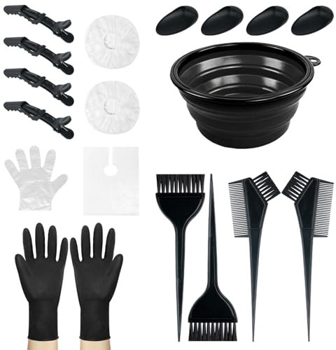 NEPAK 18Pcs Hair Dye Brush and Bowl Kit,Hair Dying Tools,DIY Beauty Salon Hair Bleaching Tools,Including Mixing Bowl, Ear Cover, Hair Shawl, Gloves, Hair Clips