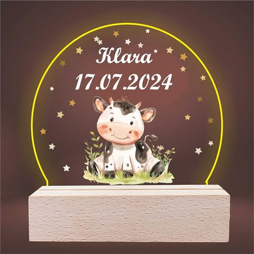 INDIGOS UG - LED Lampe personalisiert - Kuh - personalisierte Lampe für KInder - personalisierte Geschenke - Nachtlampe - Geschenk für Baby und Kinder mit Wunschtext