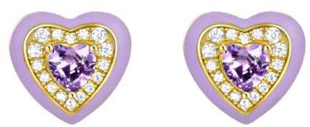 Orecchini donna cuore a bottone piccoli in argento 925 placcati oro giallo 18K con pietre cubic zirconia e smalto viola