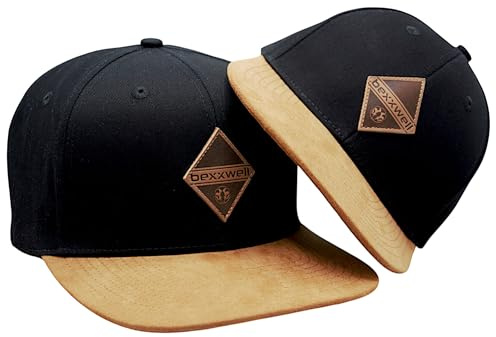 Bexxwell Snapback Caps 2er-Set Partnerlook für Klein und Groß mit Lederpatch (optimale Passform, Kinder, Baseball Caps, Kappe, Unisex) (DE/NL/SE/PL, Alphanumerisch, Einheitsgröße, Schwarz)