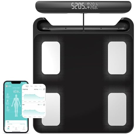 Fitdays Waage für Körpergewicht und Fettanteil, 8 Elektroden, hochpräzise Digitalwaage für BMI 20 Körperzusammensetzung, intelligente Badezimmerwaage mit großem Farbdisplay (FG2202WB-Schwarz)
