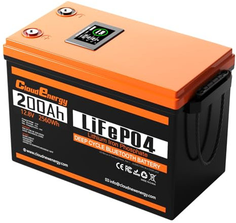 Cloudenergy 12,8 Volt 200Ah LiFePO4 Batteria al litio ferro fosfato con capacità di 2560 Wh, BMS Bluetooth da 100Ah con touchscreen e oltre 6000 cicli per camper, barche e campeggi.