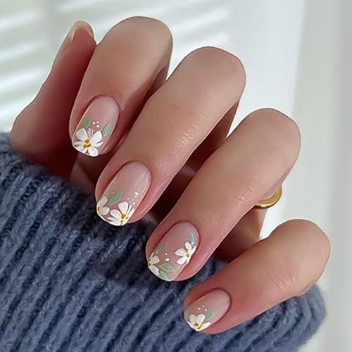24Pcs Press On Nails - Square Fake Nails with Glue Full Cover - False Nails Tips Set with Glue & DIY Tools - For Women Girls Removable False Nails Art (Pink with White Flower)