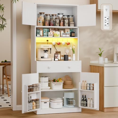 Korfile 71 Tall Kitchen Pantry Storage Cabinet with Power Outlet & LED Light, Freestanding Food Pantry Cabinet with 4 Doors and Shelves, Cupboard with Drawer, Hutch with Microwave Stand, White