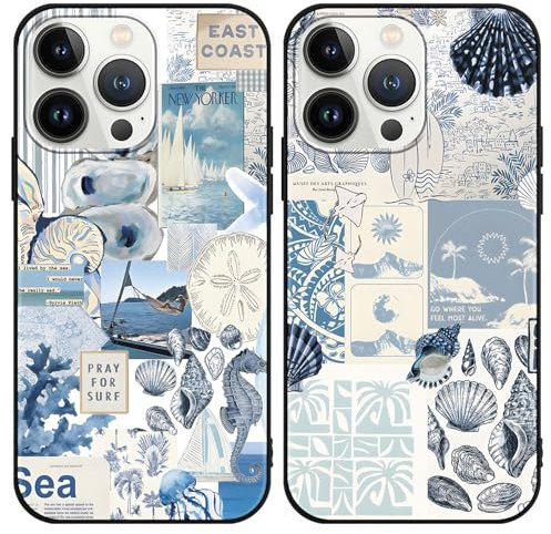Phoona 2 Pack Cute Case for iPhone 13 Pro 6.1, European Collage Preppy Summer Girly Design Pattern for Girls Women, Slim Soft Silicone Shockproof Bumper Protector Cover, Blue 04