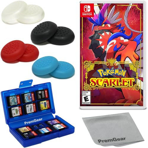 Pokémon Scarlet for Nintendo Switch (US Version), with PremGear Thumb Grips (8 pack - Black, Blue, Red & Clear), 24 Slot Game Card Holder & Cleaning Cloth