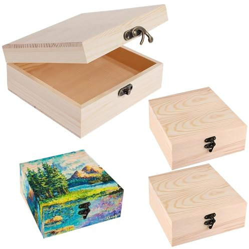 Jiavlyx 4 Stück Holzkiste Mit Deckele, Naturbelassene Kleine Holzkiste, Holzbox Mit Deckel Und Verschluss, Schatztruhe Holz Für Bemalen, Bekleben, DIY-Kunst/Bastelarbeiten (S 10 * 10 * 5)