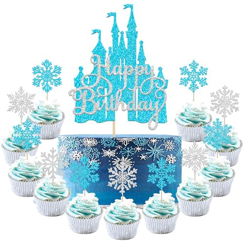 Xsstarmi 25 Pack Frozen Castle Cake Topper Decorations Set Blue Glitter Ice Castle Snowflakes Cake Pick for Winter Frozen Theme Baby Shower Kids Birthday Party Cake Decorations Supplies