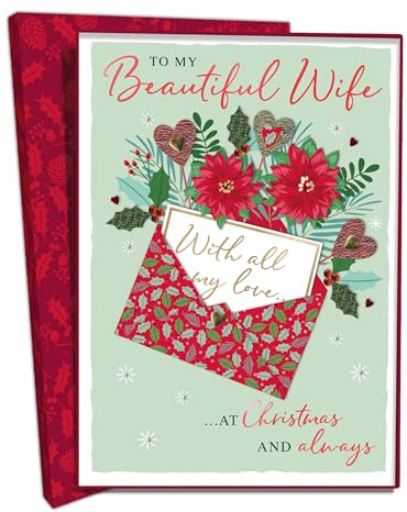 Beautiful Wife Christmas Card Boxed Luxury Lavish Embellished A4 Keepsake Card - Lavish - By Second Nature - Handmade, Festive, Heartfelt Message, Elegant, Keepsake, Eco-Friendly, Thoughtful Gift