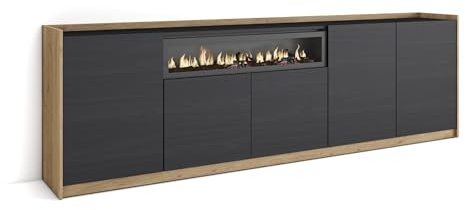 Skraut Home | Sideboard, Highboard | Kommode, Komodenschrank | 260x80x37 cm | 5 Türen | Elektrokamin. | Moderner Stil | Schwarz Eiche