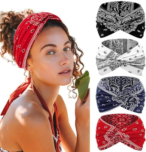 Kavya Headbands for Women's Hair Hair Bands 4-Pack – Wide Thin Elastic Boho Tie Dye Knotted Head Band Vintage Hairband for sports, Yoga, Makeup, Spa & Fashion Accessories (White)