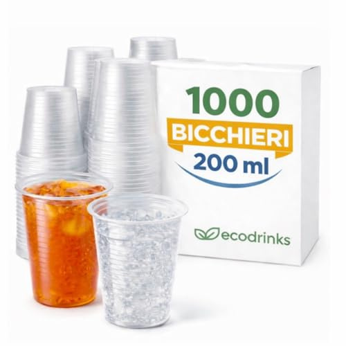 ecodrinks 1000 Bicchieri Trasparenti 200 ml RICICLABILI - Extra Resistenti, a Prova di Perdite - Per Bevande Calde e Tiepide, Acqua, Cocktail, Bibite - Ideali per Eventi, Feste, Catering e Ufficio