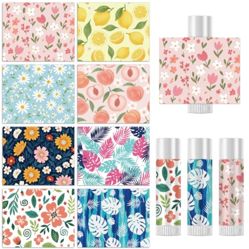 Peacoblue 160 Stück Lippenbalsam Etiketten, Blumen & Früchte DIY | Wasserfeste Tube Aufkleber 8 Designs, Glänzende Labels für selbstgemachte Lippenpflege, Geschenke und Feiern