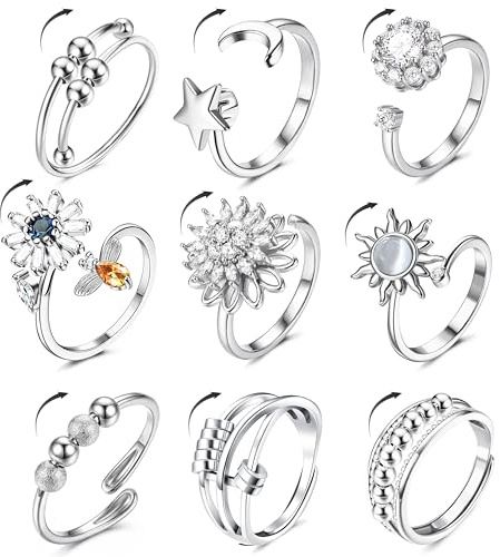 9 Pcs Anxiety Ring for Women Silver Gold Fidget Rings for Teens Girls Kids Adjustable Open Stress Spinner Thumb Stackable Ring Sets with Moonstone Beaded Fidget Rings for Anxiety Women Jewellery Gift