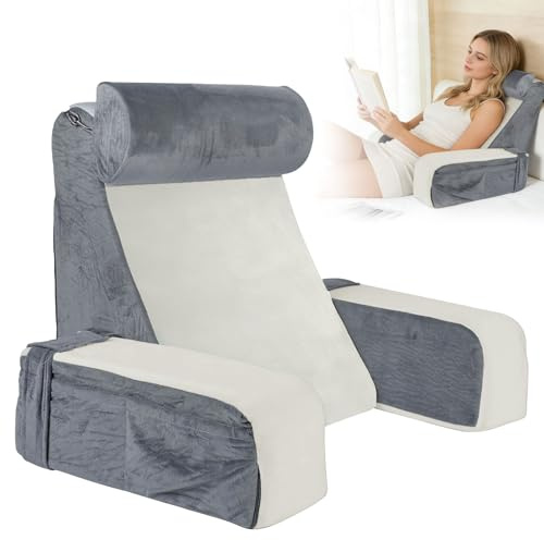 Lesekissen für Bett und Sofa, Rückenkissen für Erwachsene mit abnehmbaren Armlehnen und Kopfkiseen, Bettkissen Rückenlehne mit Waschbarem Bezug, Rückenstützkissen zum Lesen, Fernsehen, Faulenzen