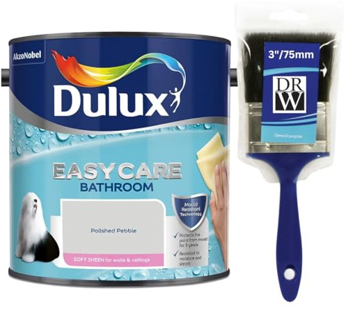 Polished Pebble Dulux Easycare Bathroom Soft Sheen Paint 2.5L + 3 Emulsion Paint Brush– Moisture & Steam Resistant, Mould Protection, Washable Durable Finish for Bathroom Walls & Ceilings